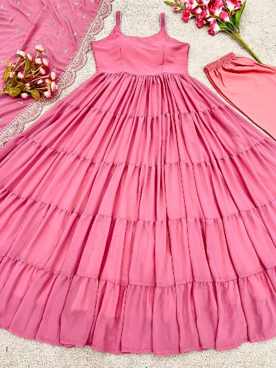 Pastel Pink Georgette Ruffle Pattern Anarkali Suit Set