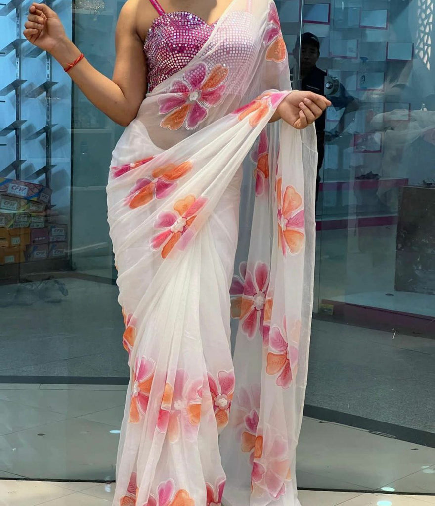 White Pink Georgette Floral Print Saree With Stitched Readymade Blouse