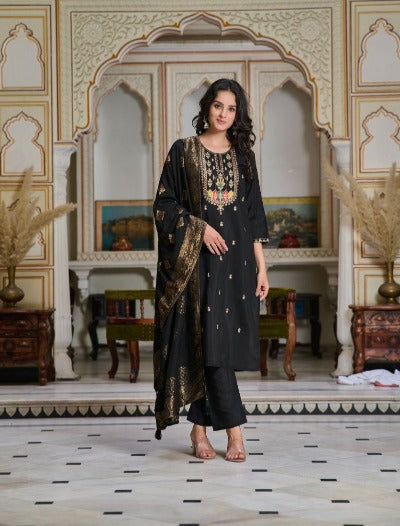 Black Chanderi Embroidered Straight Salwar Suit Set