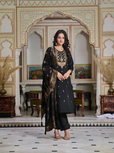 Black Chanderi Embroidered Straight Salwar Suit Set