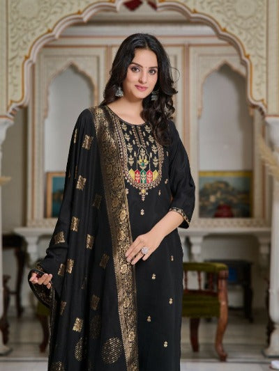 Black Chanderi Embroidered Straight Salwar Suit Set