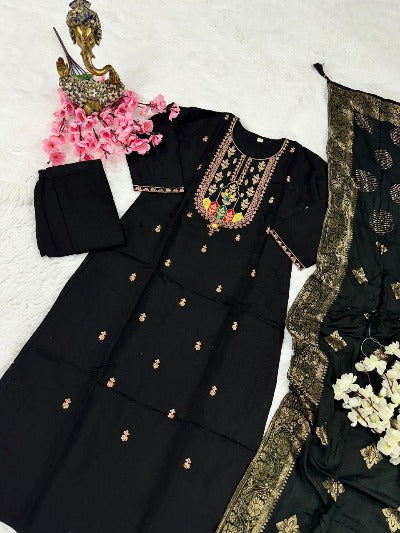 Black Chanderi Embroidered Straight Salwar Suit Set