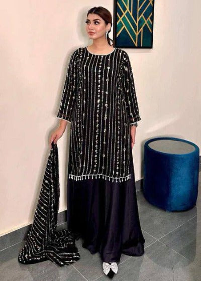 Black Georgette Embroidery Sequence Palazzo Suit Set