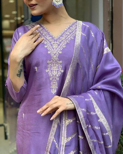 Lavender Chanderi Silk Embroidered Straight Suit Set