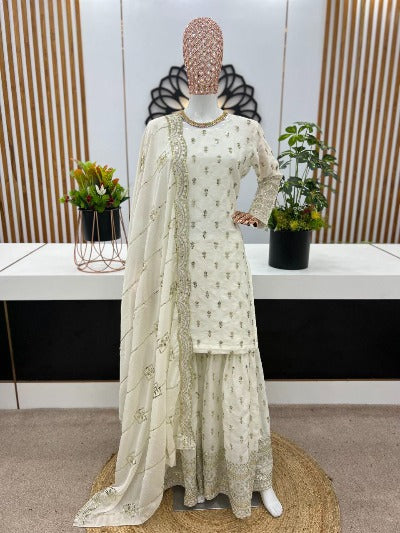 White Pure Chinon Silk Embroidery Sequence Sharara Suit Set