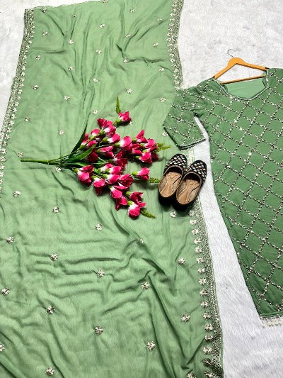 Pastel Green Georgette Hand Work Sequenced Straight Suit Set