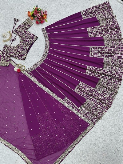 Purple Georgette Wedding Wear Semi Stitched Lehenga Choli Set