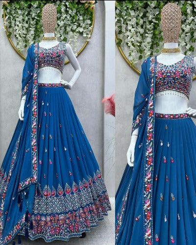 Blue Georgette Wedding Designer Semi Stitched Lehenga Choli Set