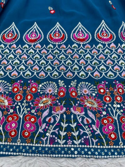 Blue Georgette Wedding Designer Semi Stitched Lehenga Choli Set