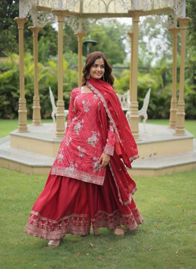 Rudrani Red Chinnon Silk Palazzo Sharara Suit Set