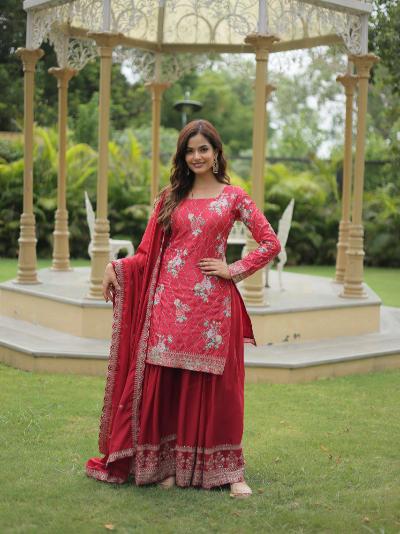 Rudrani Red Chinnon Silk Palazzo Sharara Suit Set