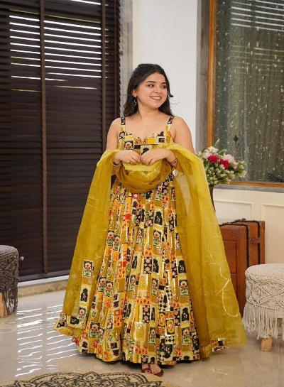 Yellow Organza Digital Print Anarkali Dupatta Set Of 2