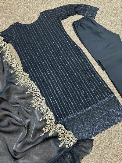 Black Georgette Heavy Work Designer Straight Suit Set