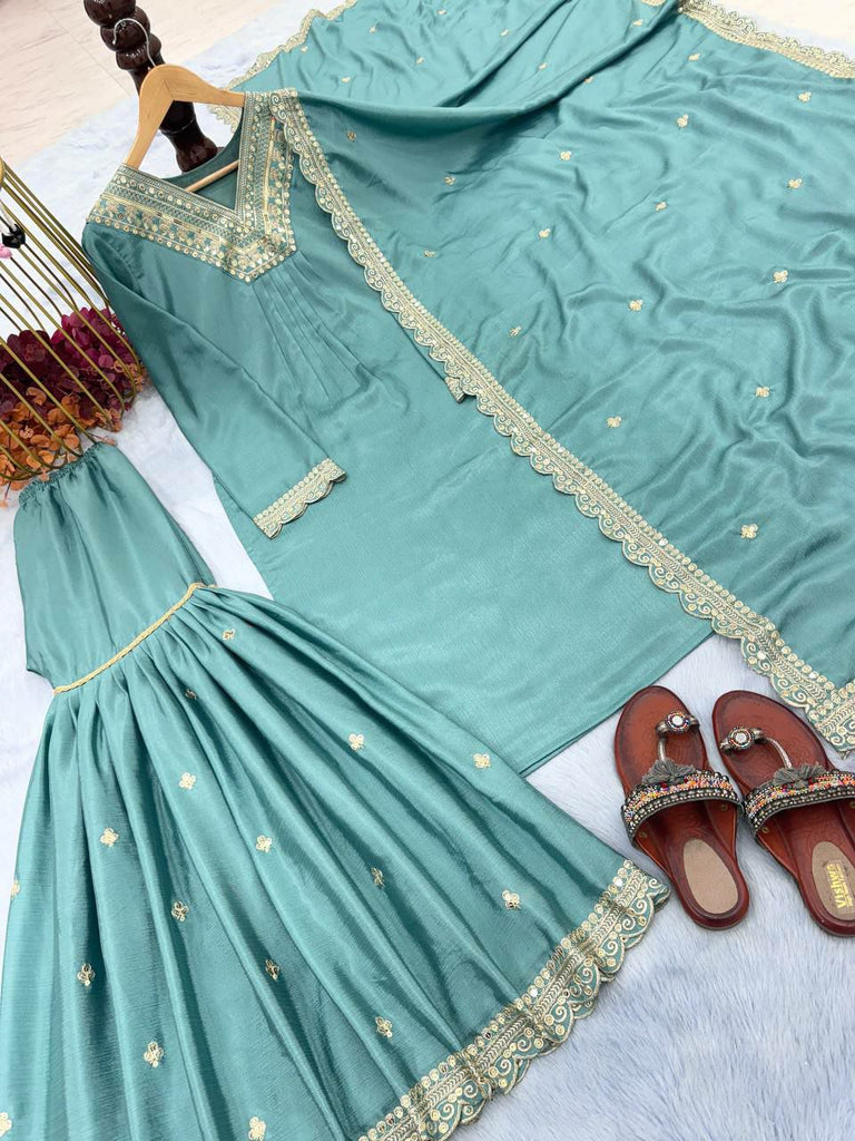Aqua Green Chinon Silk Embroidered Sharara Suit Set