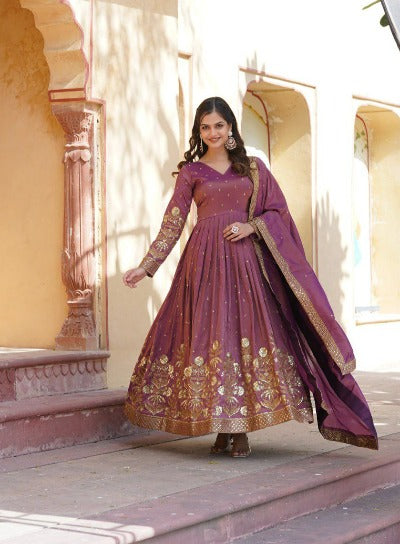 Purple Designer Viscous Cosmos Anarkali Gown With Dupatta Set Of 2