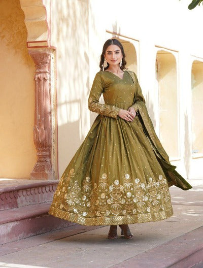 Mehendi Green Viscous Cosmos Anarkali Gown With Dupatta Set Of 2