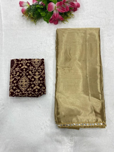 Golden Smooth Satin Silk Partywear Elegant Saree