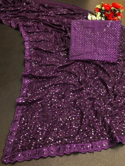 Purple Georgette Sequence Work Partywear Saree