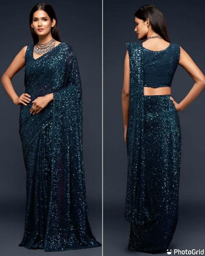 Turquoise Blue Georgette Sequence Work Partywear Saree