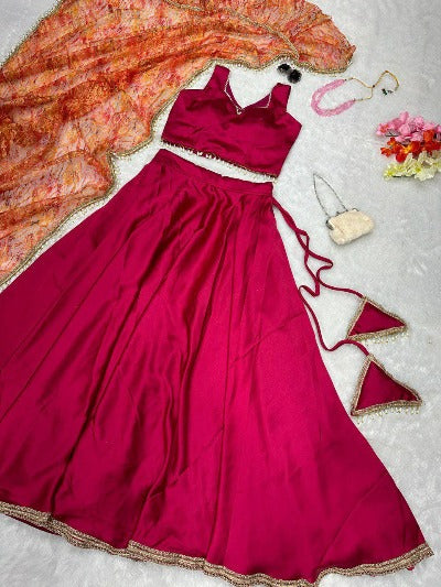 Magenta Pink Satin Silk Wedding Wear Stitched Lehenga Choli Set