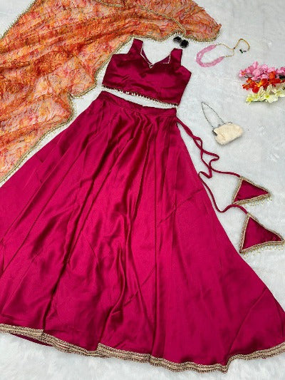 Magenta Pink Satin Silk Wedding Wear Stitched Lehenga Choli Set