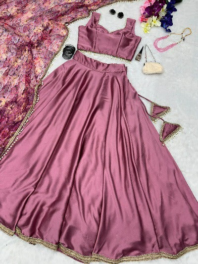Mauve Pink Satin Silk Wedding Wear Stitched Lehenga Choli Set