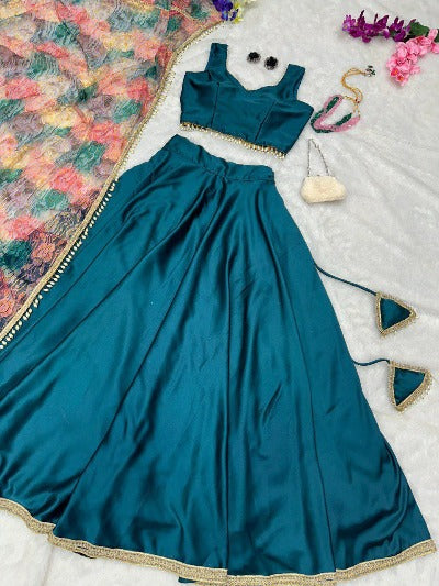 Peacock Blue Satin Silk Wedding Wear Stitched Lehenga Choli Set