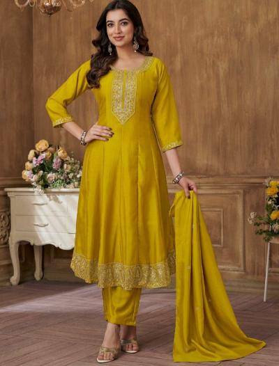 Mustard Yellow Vichitra Silk Embroidery Anarkali Suit Set