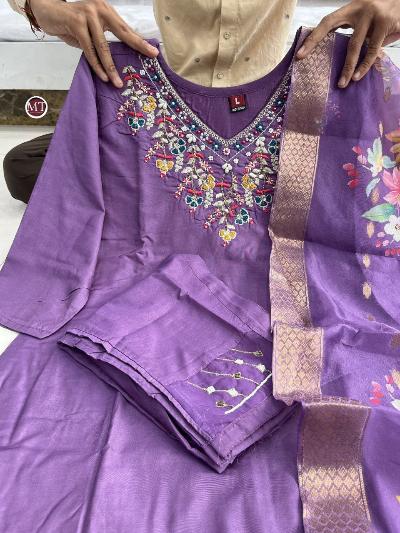 Chanderi Silk Khatli Handwork Salwar Suit Set