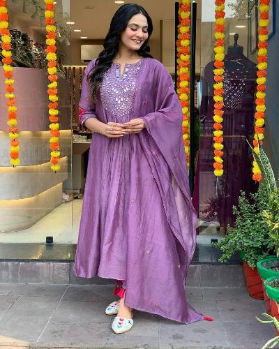 Lilac Chanderi Silk Mirror Work Anarkali Suit Set