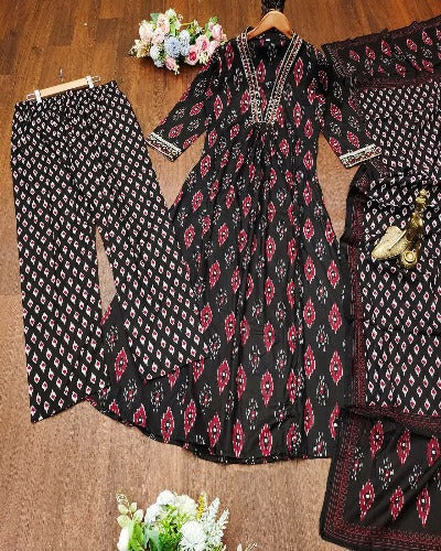 Black Cotton Mughal Print Salwar Suit Set