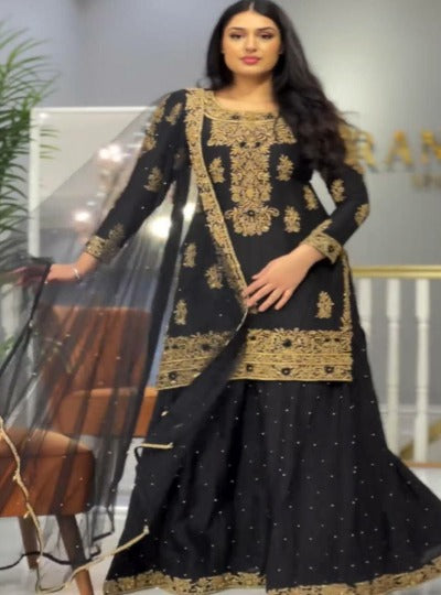 Black Georgette Embroidered Occasion Wear Palazzo Suit Set