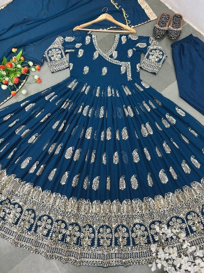 Designer Partywear Teal Blue Georgette Embroidered Anarkali Set