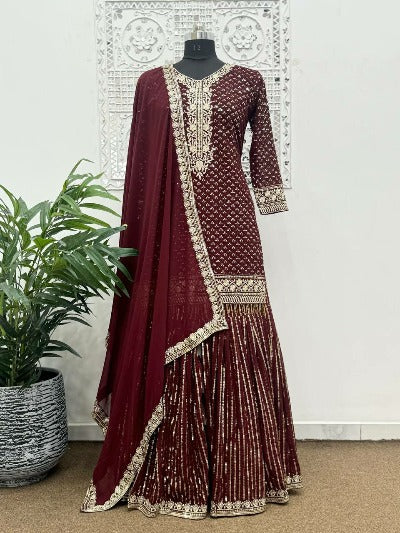 Maroon Georgette Full Sleeves Sequins Sharara Suit Set