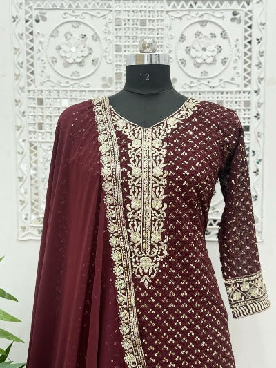 Maroon Georgette Full Sleeves Sequins Sharara Suit Set