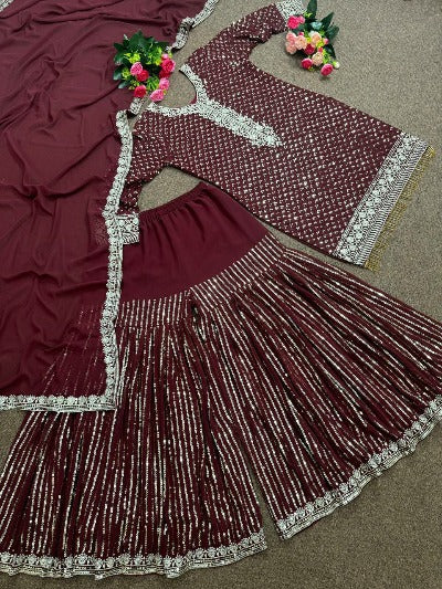 Maroon Georgette Full Sleeves Sequins Sharara Suit Set