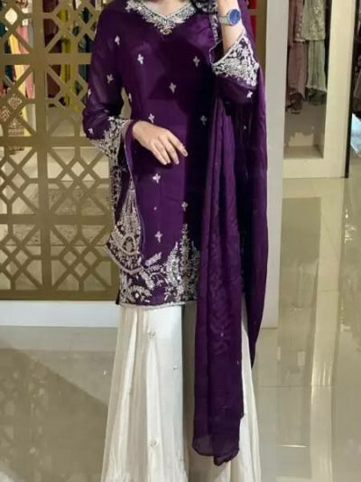 Purple & Cream Sequins Moti Work Sharara Palazzo Suit Set