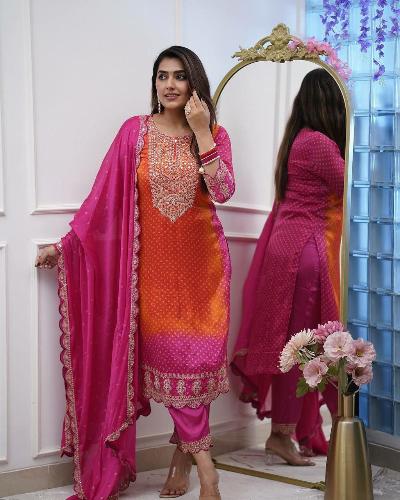 Pink Orange Bandhani Print Salwar Suit UK Next Day