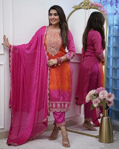 Pink Orange Bandhani Print Salwar Suit UK Next Day