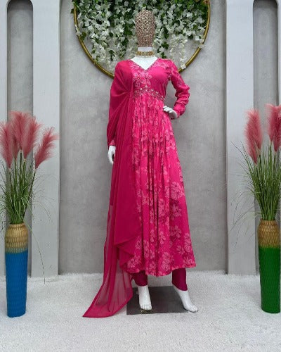Pink Nyra With Alia Cut Muslin Salwar Suit Set