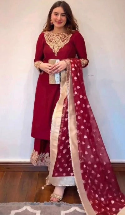 Red Georgette Thread With 9MM Sequence Work Palazzo Suit Set