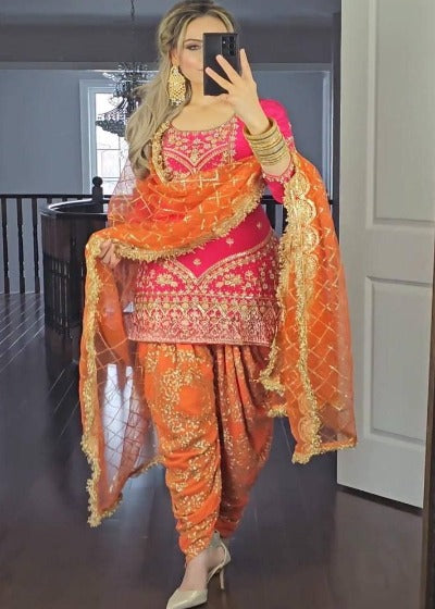 Orange & Pink Heavy Embroidered Punjabi Dhoti Salwar Suit Set