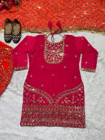 Orange & Pink Heavy Embroidered Punjabi Dhoti Salwar Suit Set