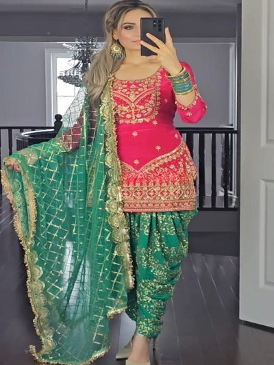 Pink & Green Heavy Embroidered Punjabi Dhoti Salwar Suit Set