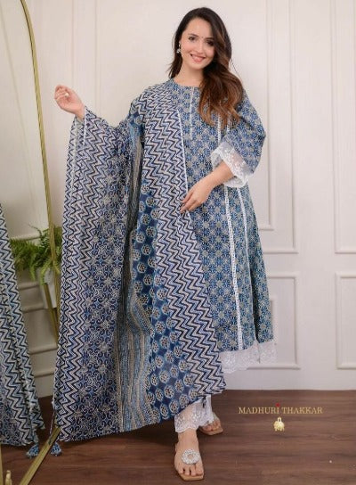 Blue Pakisthani A-Line Cotton Anarkali Suit Set