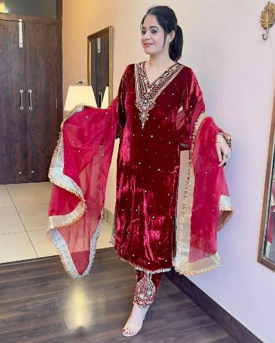 Red Viscous Velvet Heavy Moti & Embroidery Work Salwar Suit Set