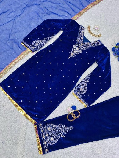 Blue Viscous Velvet Heavy Moti & Embroidery Work Salwar Suit Set