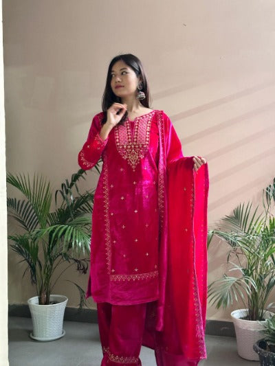 Pink Velvet Thread & Sequence Work Salwar Suit Set