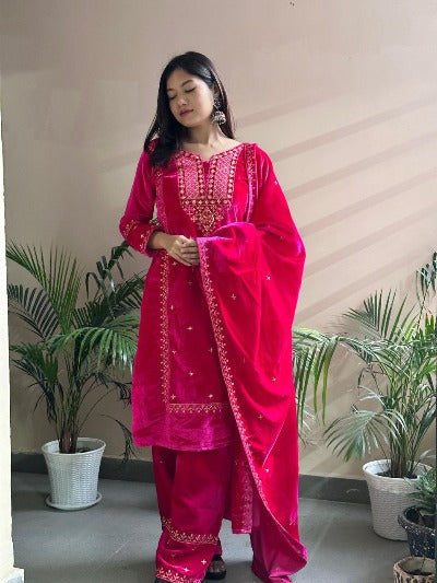 Pink Velvet Thread & Sequence Work Salwar Suit Set