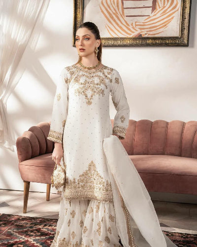 Royal White Georgette Gold Sequins Work Sharara Suit Set